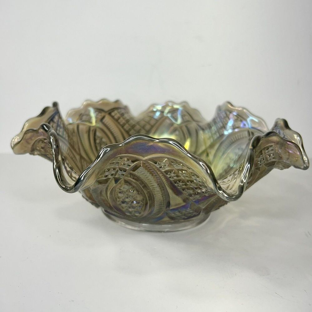 Vintage Smoke iridescent carnival glass, imperial diamond ring pattern bowl
